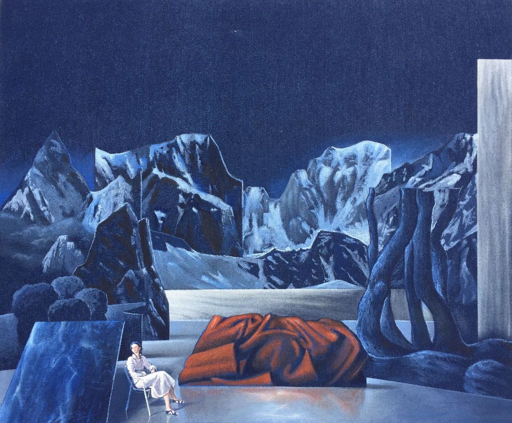 005_red light la messa in scena della pittura 2021 acrilico  su tela  di jeans cm 50x60 .jpg